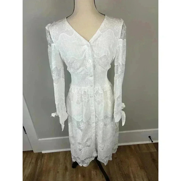 Burryco Midi Dress White Lace Bow Detail Coquette Sheer Women's Sz Small NWT - Picture 8 of 14